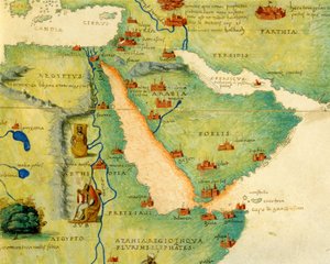 Etiopien, Röda havet och Saudiarabien, från en atlas över världen i 33 kartor, Venedig, 1 september 1553 (bläck på veläng) (detalj från 330946)